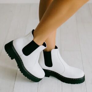 White Chelsea Platform Boots with Black Accents